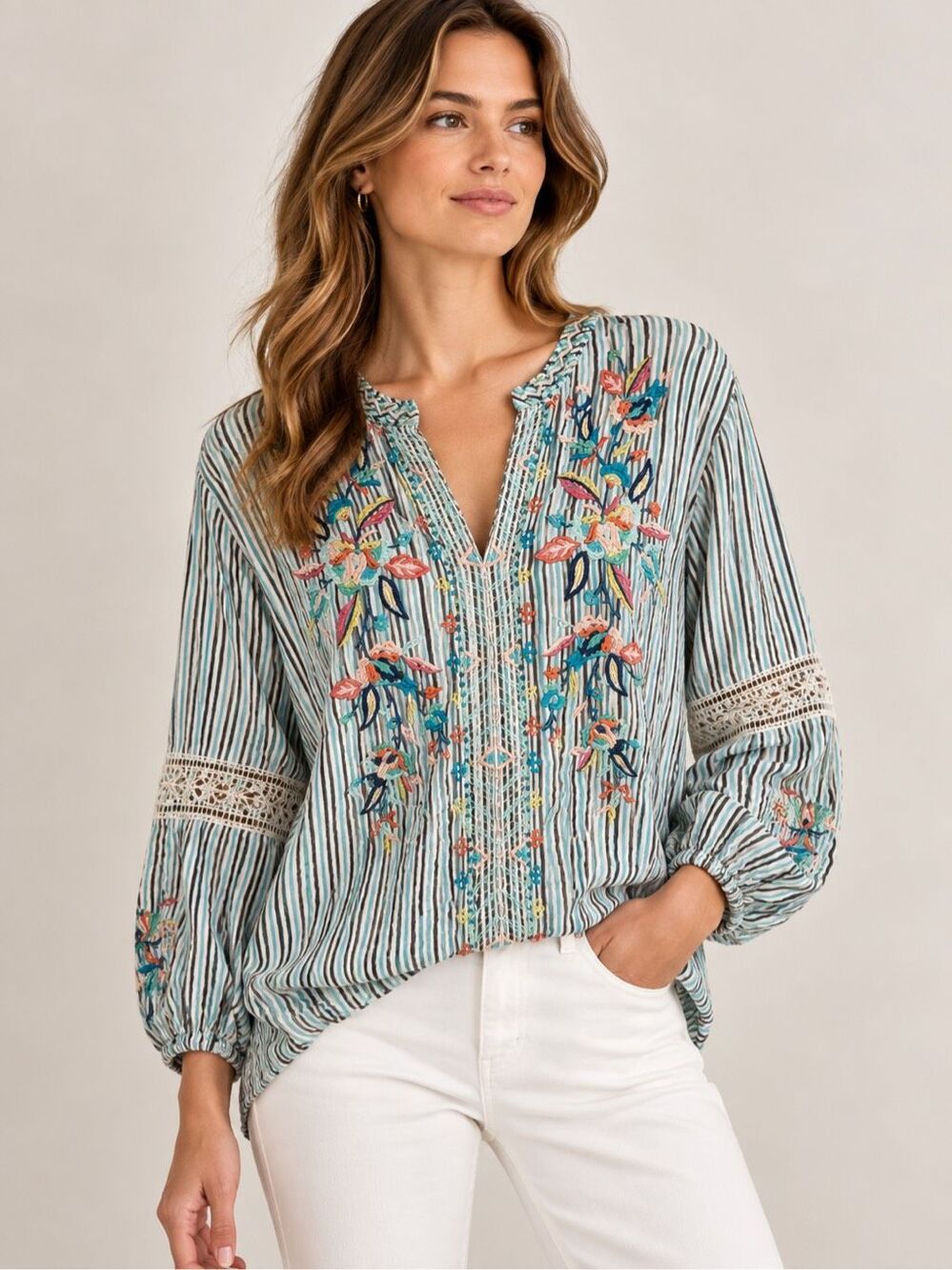 Johnny Was Lais Paris Embroidered Blouse Size XL Blue White Stripes Floral Boho